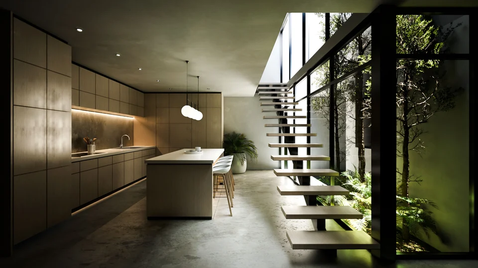 Interior cálido con cocina de madera, escalera suspendida y vegetación